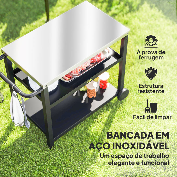 Carrinho de Barbecue de 3 Níveis Carrinho de Serviço com 2 Rodas Prateleiras Bancada em Aço Inoxidável e Alça Mesa para Forno de Pizza para Jardim e Pátio 102x50x81 cm Cinza Carvão