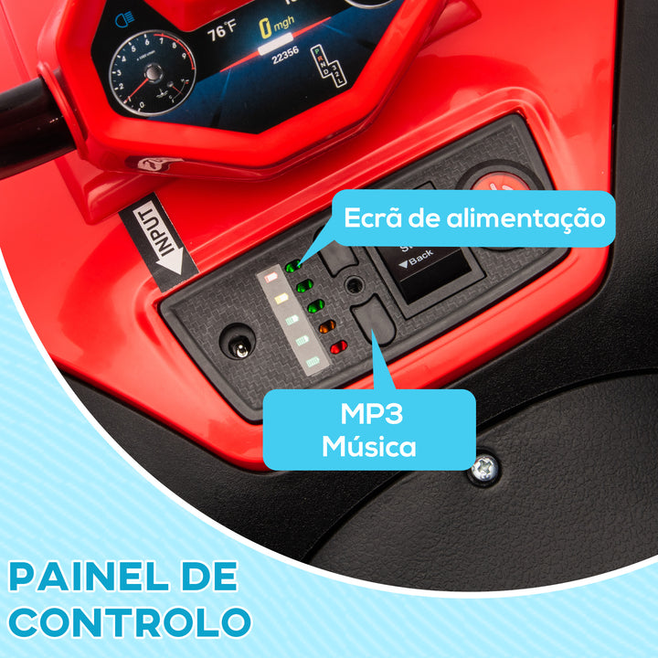 Quadriciclo Elétrico para Crianças acima de 3 Anos Carro Elétrico para Crianças com Bateria 12V Faróis e Música Carga 30 kg 85x55,5x62 cm Vermelho