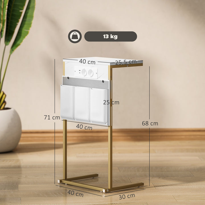 Mesa Auxiliar com Estação de Carga Mesa Lateral com 2 Entradas USB 1 Entrada USB-C e Bolsa Organizadora Mesa Auxiliar para Sala de Estar Dormitório 25,5x40x71 cm Branco