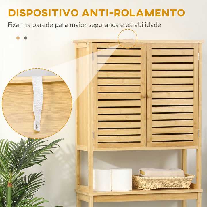 Móvel de Bambú sobre Sanita Armário Alto para Casa de Banho com 2 Portas 1 Prateleira Interior e 1 Prateleira de Armazenamento 60x23x173cm Natural