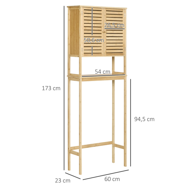 Móvel de Bambú sobre Sanita Armário Alto para Casa de Banho com 2 Portas 1 Prateleira Interior e 1 Prateleira de Armazenamento 60x23x173cm Natural