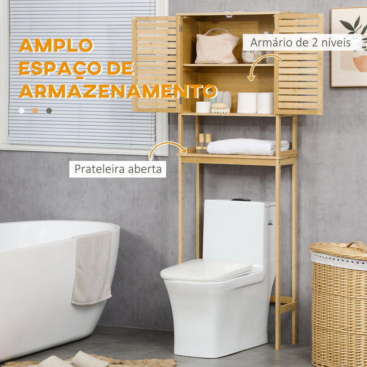 Móvel de Bambú sobre Sanita Armário Alto para Casa de Banho com 2 Portas 1 Prateleira Interior e 1 Prateleira de Armazenamento 60x23x173cm Natural