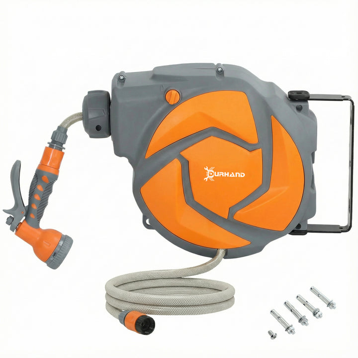 Carretel de Mangueira de Jardim 10+1 m com Bocal de 7 Funções, Mangueira Retrátil de Parede, Giratória a 180°, com Retorno Automático, Cinzento Escuro e Laranja