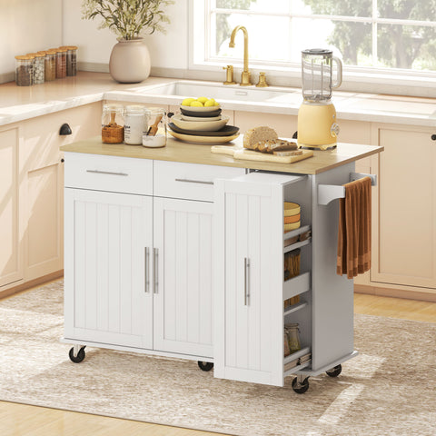 Ilha de Cozinha com Rodas, Tampo Dobrável, Carrinho de Cozinha com 2 Portas de Fecho Suave, Tabuleiro Removível de 3 Níveis, 2 Gavetas, Porta-Toalhas, Porta-Especiarias, Branco
