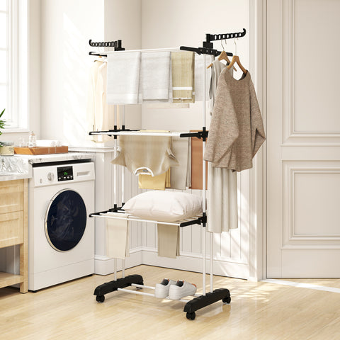 Estendal Dobrável para Roupa com Rodas Estendal Vertical de Aço com 3 Níveis Laterais Dobráveis Carga Máxima 70kg 73x64x177cm Preto e Branco