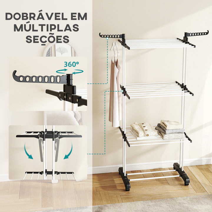 Estendal Dobrável para Roupa com Rodas Estendal Vertical de Aço com 3 Níveis Laterais Dobráveis Carga Máxima 70kg 73x64x177cm Preto e Branco