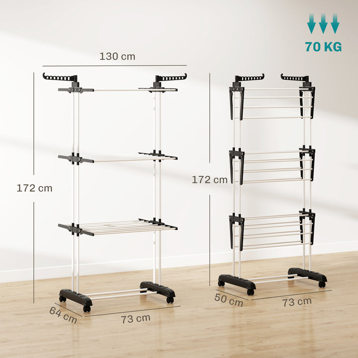 Estendal Dobrável para Roupa com Rodas Estendal Vertical de Aço com 3 Níveis Laterais Dobráveis Carga Máxima 70kg 73x64x177cm Preto e Branco