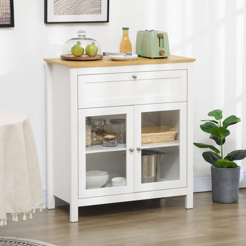 Aparador de Cozinha Moderno Móvel Buffet Auxiliar com Gaveta Prateleira Ajustável e 2 Portas de Vidro para Sala de Estar Sala de Jantar 80x40x90 cm Branco e Madeira