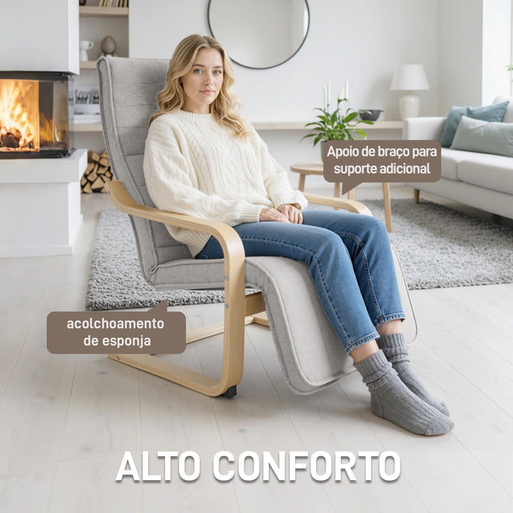 Poltrona de Sala de Estar com Apoio para os Pés Ajustáveis Poltrona para Dormitório Estofada em Tecido com Estrutura de Madeira Carga 120 kg para Escritório Estúdio 66,5x94x100 cm Cinza Claro