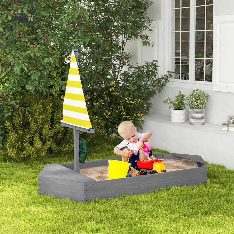 Caixa de Areia para Crianças de Madeira Caixa de Areia Infantil com Bandeira e Leme em Forma de Veleiro para Pátio Jardim 190x90x138 cm Cinza Escuro