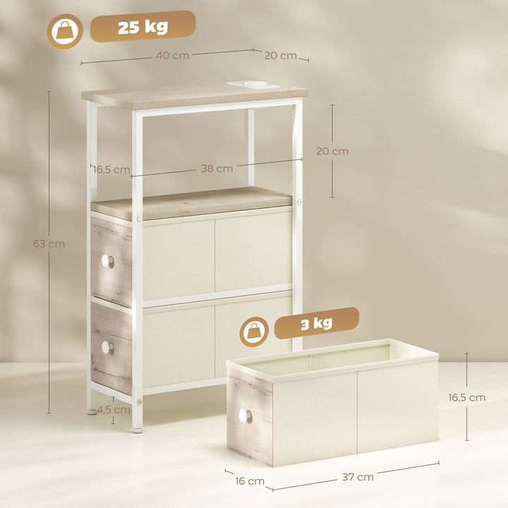 Conjunto de 2 Mesas Auxiliares com Tomada Mesas Auxiliares Estreitas com Tomada AC Porta USB Porta USB-C 2 Gavetas de Tecido Prateleira Aberta para Sala de Estar Quarto Madeira e Branco
