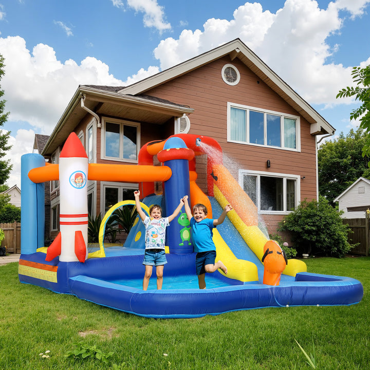 Castelo Insuflável com Insuflador 5 em 1 Parque Aquático Insuflável para Crianças com Escorrega Piscina Parede de Escalada e Canhão de Água para Exteriores e Interiores 360x250x195 cm Multicor