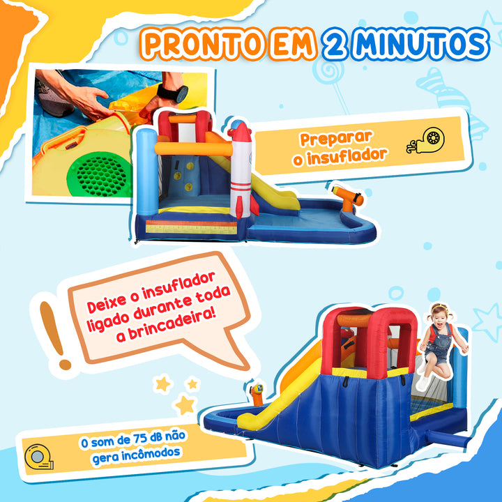 Castelo Insuflável com Insuflador 5 em 1 Parque Aquático Insuflável para Crianças com Escorrega Piscina Parede de Escalada e Canhão de Água para Exteriores e Interiores 360x250x195 cm Multicor