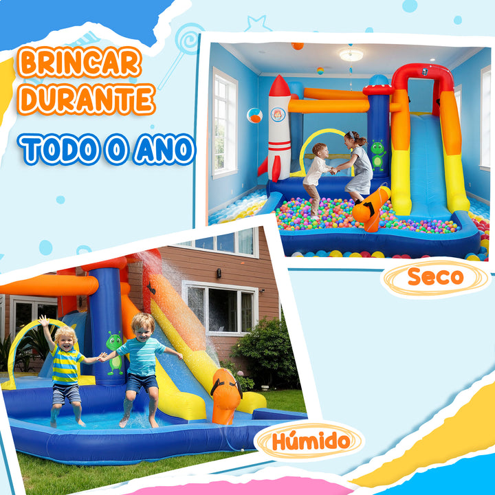Castelo Insuflável com Insuflador 5 em 1 Parque Aquático Insuflável para Crianças com Escorrega Piscina Parede de Escalada e Canhão de Água para Exteriores e Interiores 360x250x195 cm Multicor