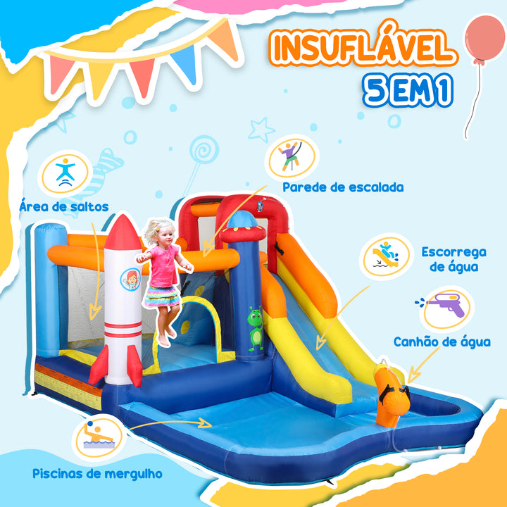 Castelo Insuflável com Insuflador 5 em 1 Parque Aquático Insuflável para Crianças com Escorrega Piscina Parede de Escalada e Canhão de Água para Exteriores e Interiores 360x250x195 cm Multicor