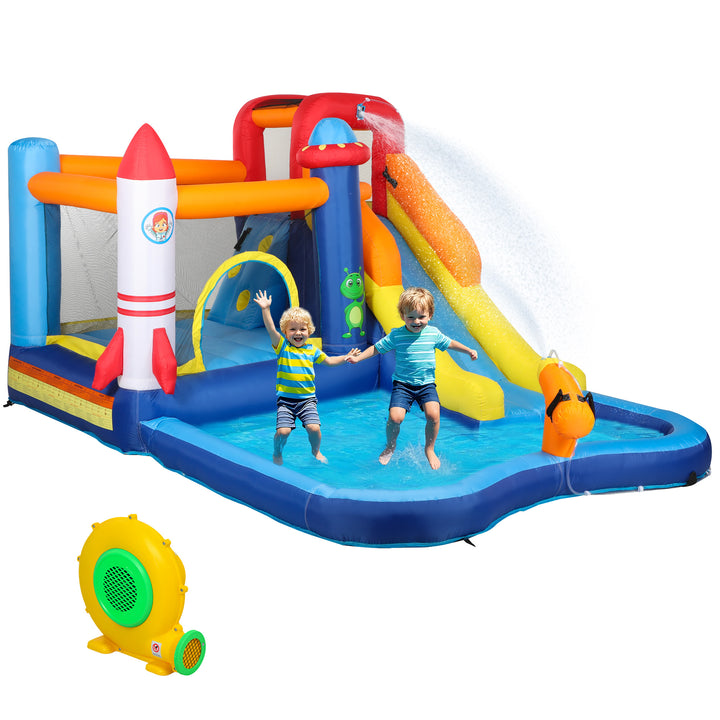 Castelo Insuflável com Insuflador 5 em 1 Parque Aquático Insuflável para Crianças com Escorrega Piscina Parede de Escalada e Canhão de Água para Exteriores e Interiores 360x250x195 cm Multicor