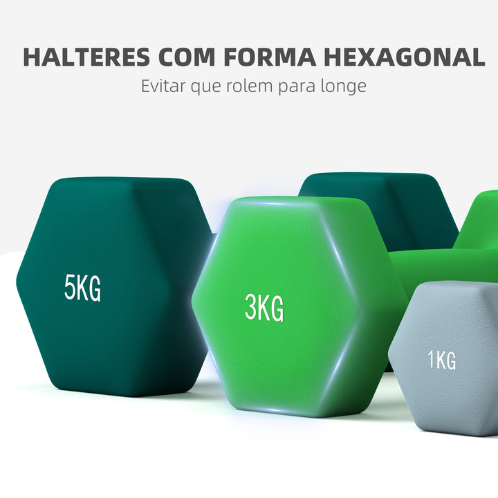 Conjunto de Halteres 2 x 1kg 2 x 3kg e 2 x 5kg Halteres Hexagonais com Suporte de Armazenamento para Treino em Casa Ginásio Multicor