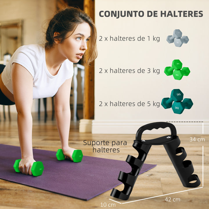 Conjunto de Halteres 2 x 1kg 2 x 3kg e 2 x 5kg Halteres Hexagonais com Suporte de Armazenamento para Treino em Casa Ginásio Multicor