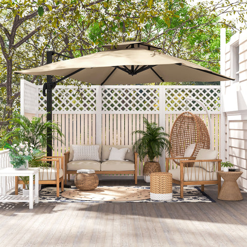 Chapéu de Sol de Alumínio Ø295x270 cm Chapéu de Sol Excêntrico com Manivela Teto Duplo Inclinável Mastro Giratório 360° com Pedal e Base Cruzada para Pátio Varanda Cáqui