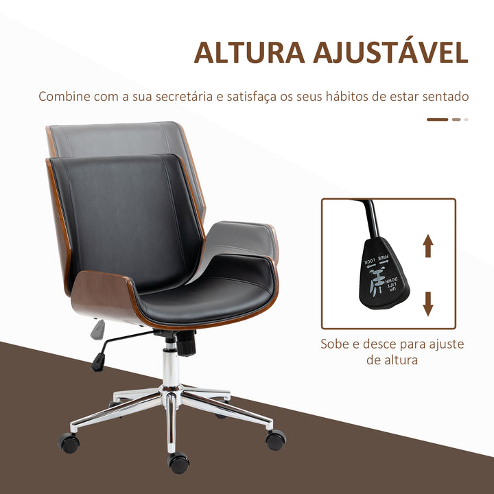 Cadeira de Escritório Giratória Cadeira de Escritório de PU com Altura Ajustável Função Inclinação e Rodas para Sala de Estar Dormitório Estúdio Carga Máxima 120kg 51x65,5x82-92cm Preto