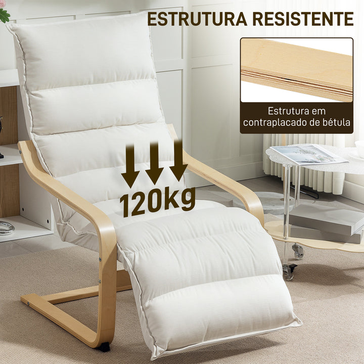 Poltrona de Sala com Apoio para os Pés Ajustável, Poltrona Estofada em Veludo, Estrutura de Madeira, Poltrona de Relaxamento para Quarto, Escritório, Estúdio, 67x93x105 cm, Creme