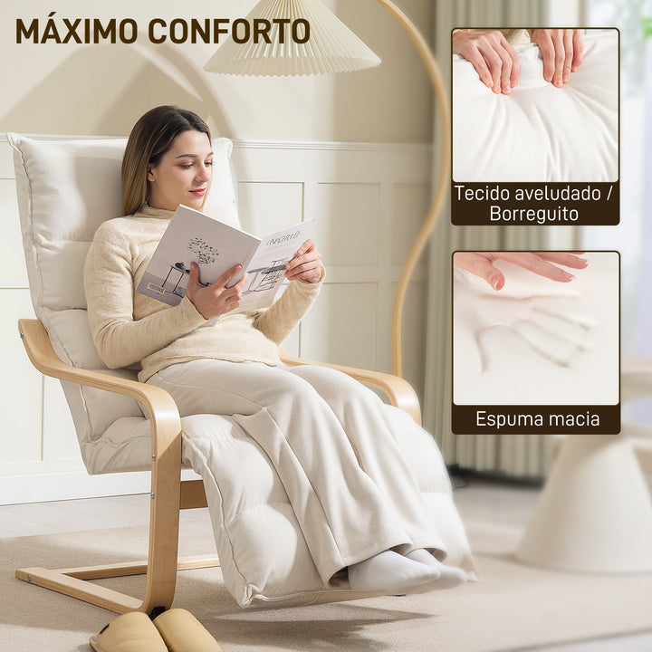 Poltrona de Sala com Apoio para os Pés Ajustável, Poltrona Estofada em Veludo, Estrutura de Madeira, Poltrona de Relaxamento para Quarto, Escritório, Estúdio, 67x93x105 cm, Creme