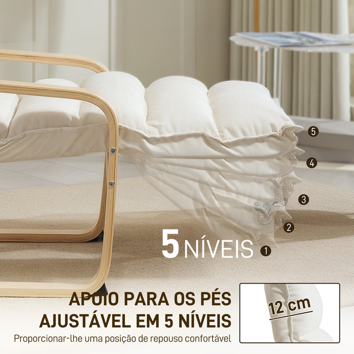 Poltrona de Sala com Apoio para os Pés Ajustável, Poltrona Estofada em Veludo, Estrutura de Madeira, Poltrona de Relaxamento para Quarto, Escritório, Estúdio, 67x93x105 cm, Creme