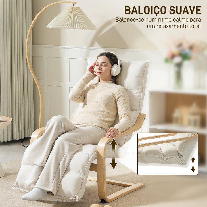 Poltrona de Sala com Apoio para os Pés Ajustável, Poltrona Estofada em Veludo, Estrutura de Madeira, Poltrona de Relaxamento para Quarto, Escritório, Estúdio, 67x93x105 cm, Creme
