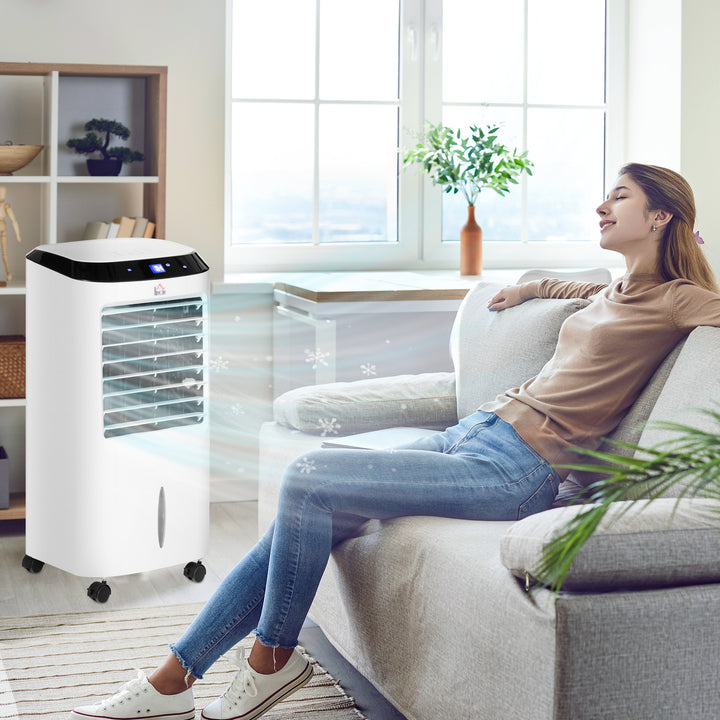 Climatizador Refrigerador de Ar Portátil 10L Humidificador Ventoinha 60W Ecrã LED Controlo Remoto Temporizador 3 Velocidades 3 Modos 38,2x31,6x76 cm Branco