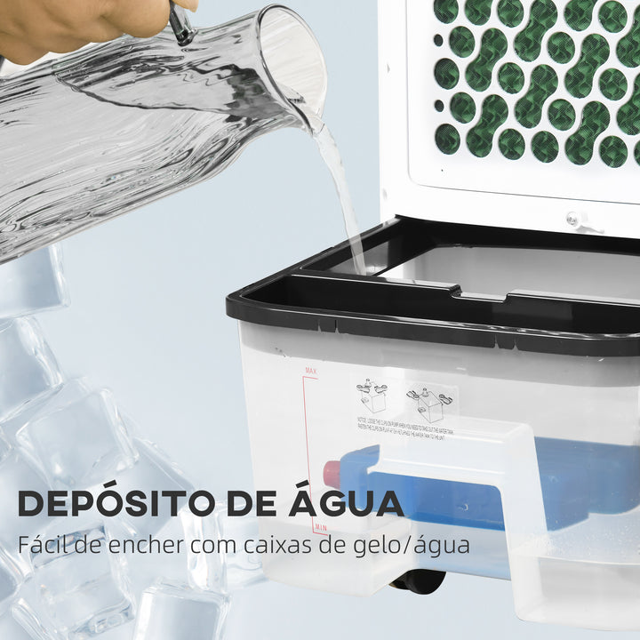 Climatizador Refrigerador de Ar Portátil 10L Humidificador Ventoinha 60W Ecrã LED Controlo Remoto Temporizador 3 Velocidades 3 Modos 38,2x31,6x76 cm Branco