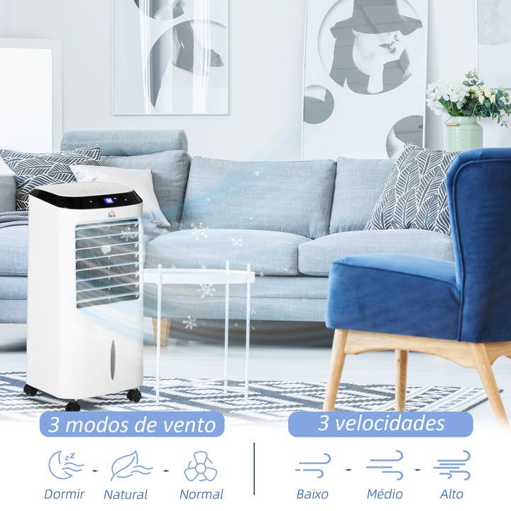 Climatizador Refrigerador de Ar Portátil 10L Humidificador Ventoinha 60W Ecrã LED Controlo Remoto Temporizador 3 Velocidades 3 Modos 38,2x31,6x76 cm Branco