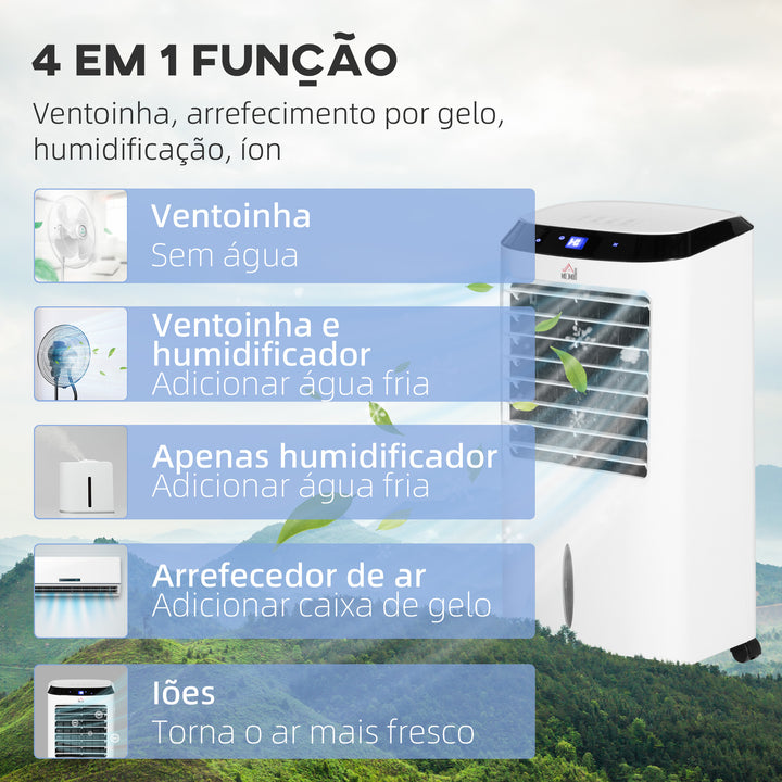 Climatizador Refrigerador de Ar Portátil 10L Humidificador Ventoinha 60W Ecrã LED Controlo Remoto Temporizador 3 Velocidades 3 Modos 38,2x31,6x76 cm Branco