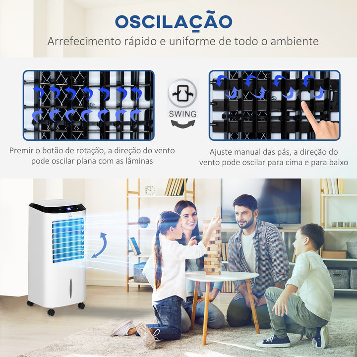 Climatizador Refrigerador de Ar Portátil 10L Humidificador Ventoinha 60W Ecrã LED Controlo Remoto Temporizador 3 Velocidades 3 Modos 38,2x31,6x76 cm Branco