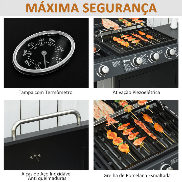 Churrasqueira à Gás com 3+1 Queimadores 11,6KW 2 Mesas Laterais Armário de 2 Portas Termômetro e 2 Rodas Aço Inoxidável 110x50x100cm Preto