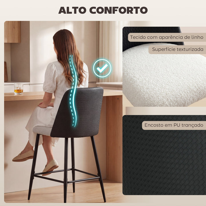 Conjunto de 2 Bancos de Bar Bancos Altos de Cozinha com Encosto e Descanso para os Pés Revestidos em Linho e PU Estrutura de Aço Assento com Altura de 65 cm para Bancada Sala de Jantar Preto