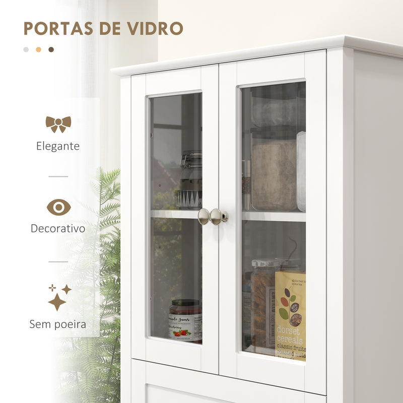 Armário de Cozinha Móvel Auxiliar de Cozinha com 2 Portas de Vidro Temperado Gaveta e Prateleiras Ajustáveis para Sala 61x35x168,5 cm Branco