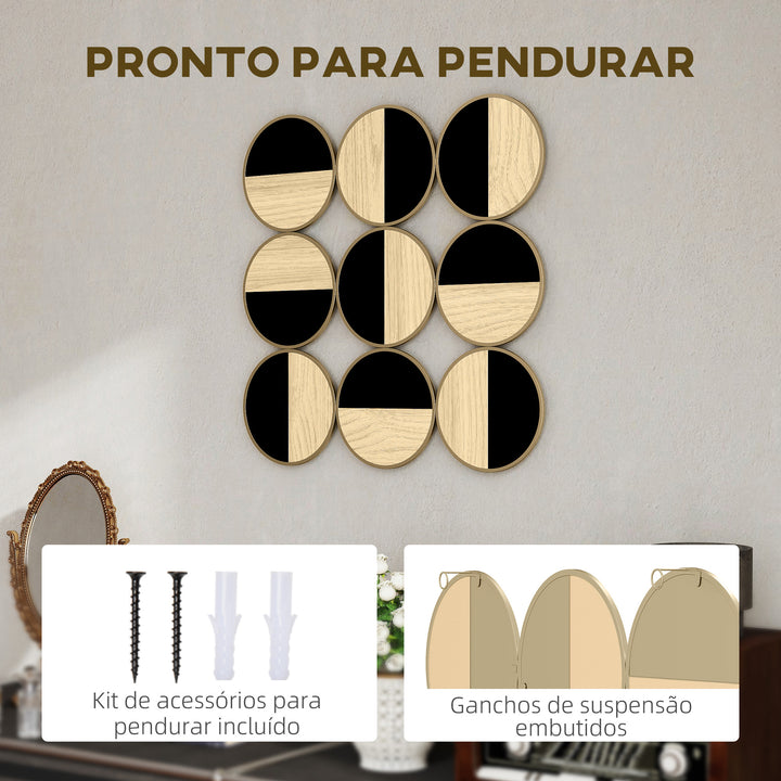 Quadro Decorativo de Parede Geométrico Decoração de Parede Moderno 3D 60x60 cm Quadro de Parede com Espelho de Plástico Estrutura Metálica Preto e Madeira