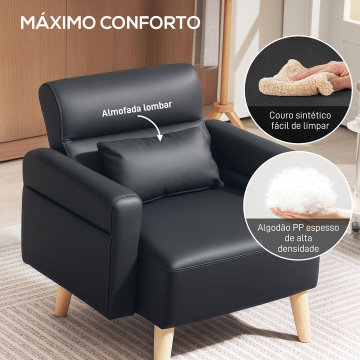 Poltrona Moderna Estofada em Couro Sintético com Apoios de Braço Acolchoados Encosto com Costuras e Pés em Madeira para Dormitório 77x78x78 cm Preto