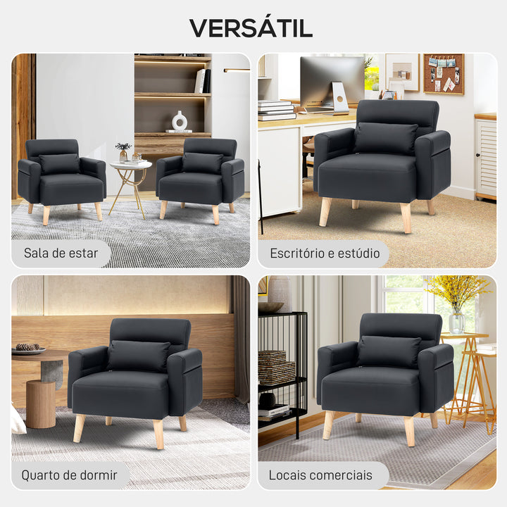 Poltrona Moderna Estofada em Couro Sintético com Apoios de Braço Acolchoados Encosto com Costuras e Pés em Madeira para Dormitório 77x78x78 cm Preto