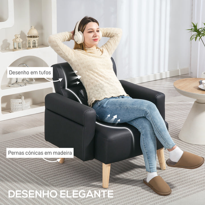 Poltrona Moderna Estofada em Couro Sintético com Apoios de Braço Acolchoados Encosto com Costuras e Pés em Madeira para Dormitório 77x78x78 cm Preto