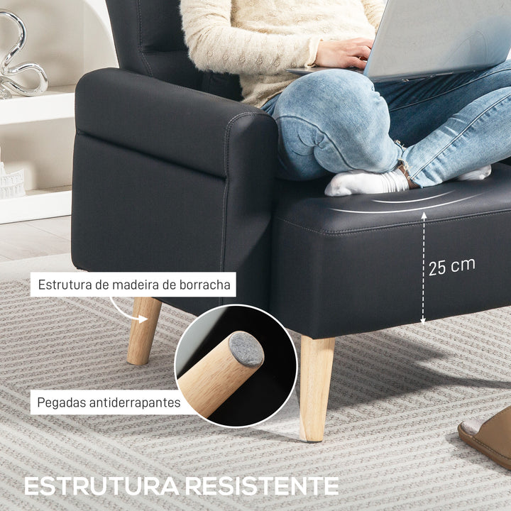 Poltrona Moderna Estofada em Couro Sintético com Apoios de Braço Acolchoados Encosto com Costuras e Pés em Madeira para Dormitório 77x78x78 cm Preto