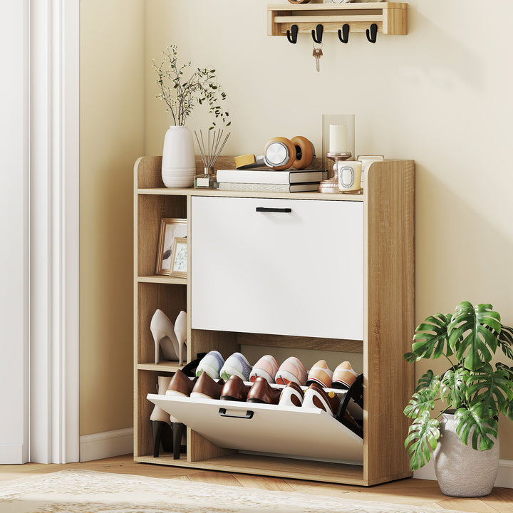 Sapateira Estreita 2 Portas Sapateira para Entrada Corredor com 3 Prateleiras Laterais e Prateleiras Ajustáveis para 15 Pares de Sapatos Para Corredor Espaço Reduzido 83x24x90,5 cm Madeira e Branco