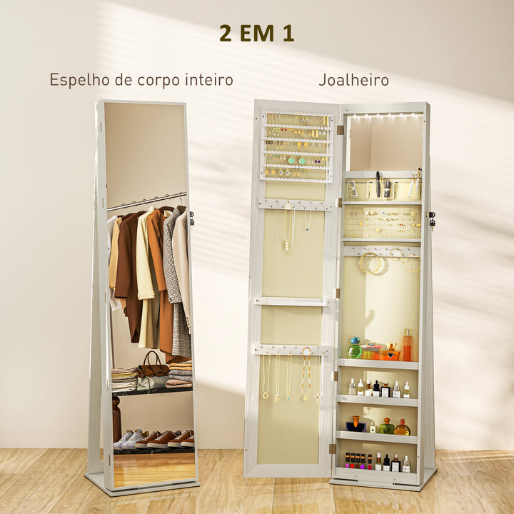 Joalheiro de Pé Armário para Joias com 6 Luzes LED Fechadura Organizador de Joias com Prateleiras Suportes para Anéis 38x38x157cm Branco e Bege