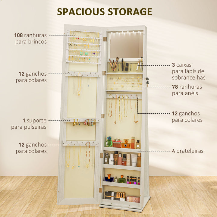 Joalheiro de Pé Armário para Joias com 6 Luzes LED Fechadura Organizador de Joias com Prateleiras Suportes para Anéis 38x38x157cm Branco e Bege