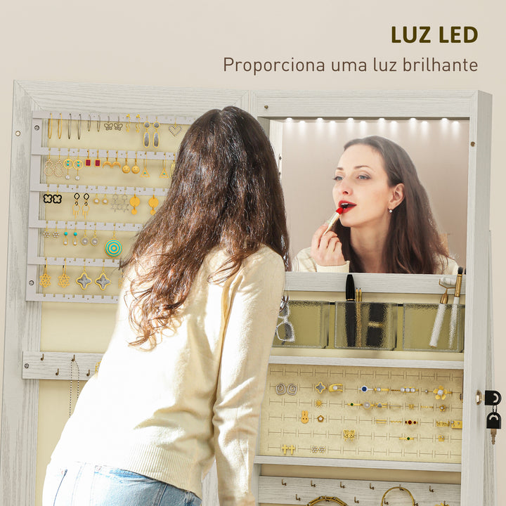 Joalheiro de Pé Armário para Joias com 6 Luzes LED Fechadura Organizador de Joias com Prateleiras Suportes para Anéis 38x38x157cm Branco e Bege