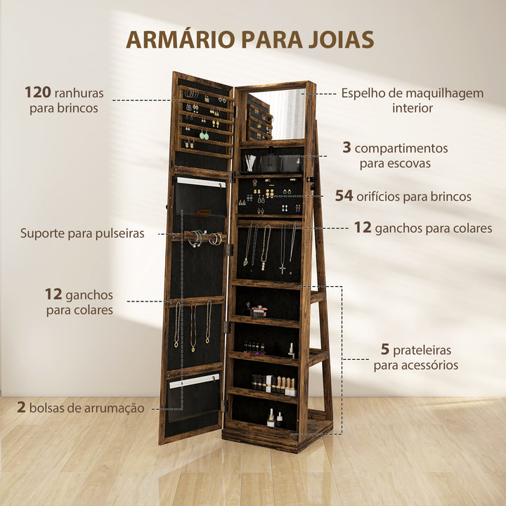 Joalheiro de Pé Armário para Jóias 360° Organizador de Jóias com Fechadura e Espelho Incorporado Carga Máxima 20 kg 38x38x160 cm Marrom Rústico
