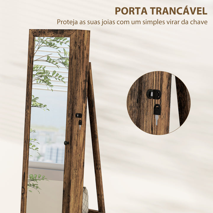 Joalheiro de Pé Armário para Jóias 360° Organizador de Jóias com Fechadura e Espelho Incorporado Carga Máxima 20 kg 38x38x160 cm Marrom Rústico