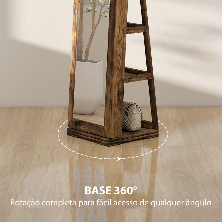 Joalheiro de Pé Armário para Jóias 360° Organizador de Jóias com Fechadura e Espelho Incorporado Carga Máxima 20 kg 38x38x160 cm Marrom Rústico