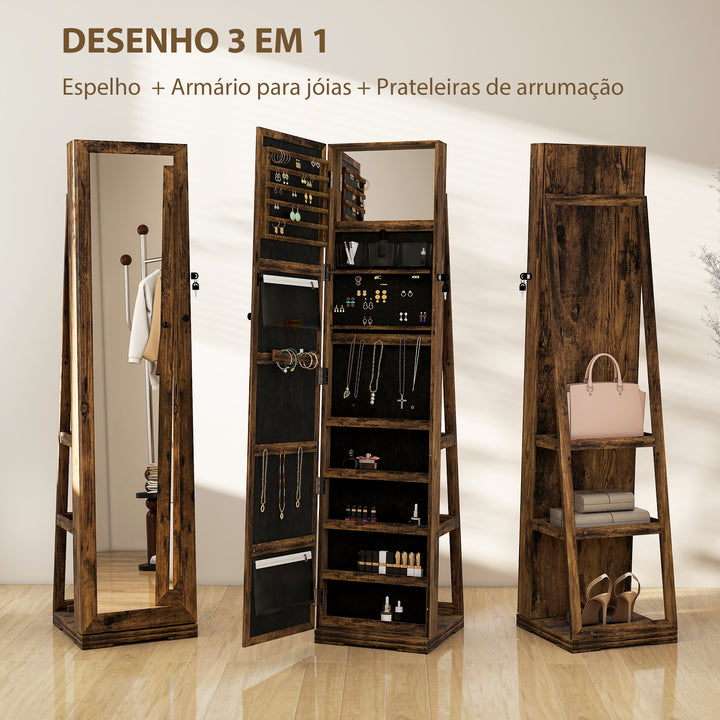 Joalheiro de Pé Armário para Jóias 360° Organizador de Jóias com Fechadura e Espelho Incorporado Carga Máxima 20 kg 38x38x160 cm Marrom Rústico