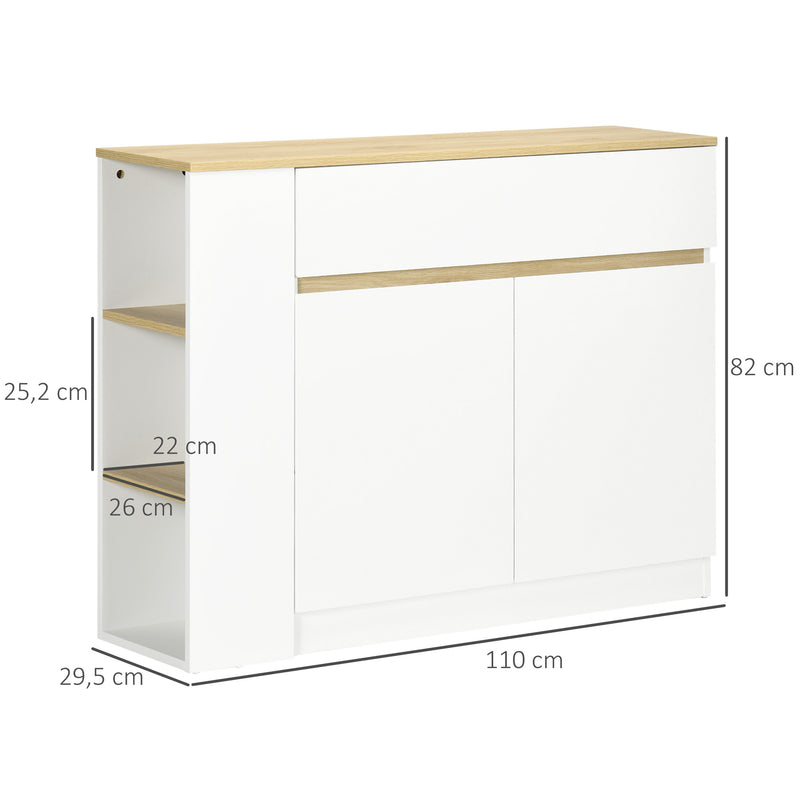 Aparador de Cozinha Aparador Branco com 2 Portas Gaveta e 3 Prateleiras Abertas Armário de Armazenamento para Sala de Estar e Jantar 110x29,5x82 cm